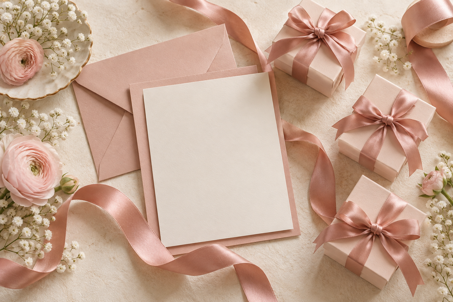 Composizione di inviti, nastri rosa cipria e scatoline regalo, immagine di ispirazione